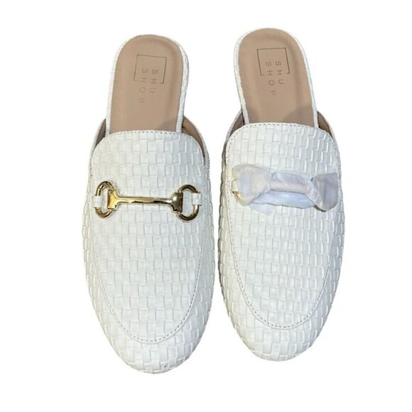 New Shu Shop Tulia Basket Weave Loafer Mule Gold Bit White Size 8 - Picture 2 of 8